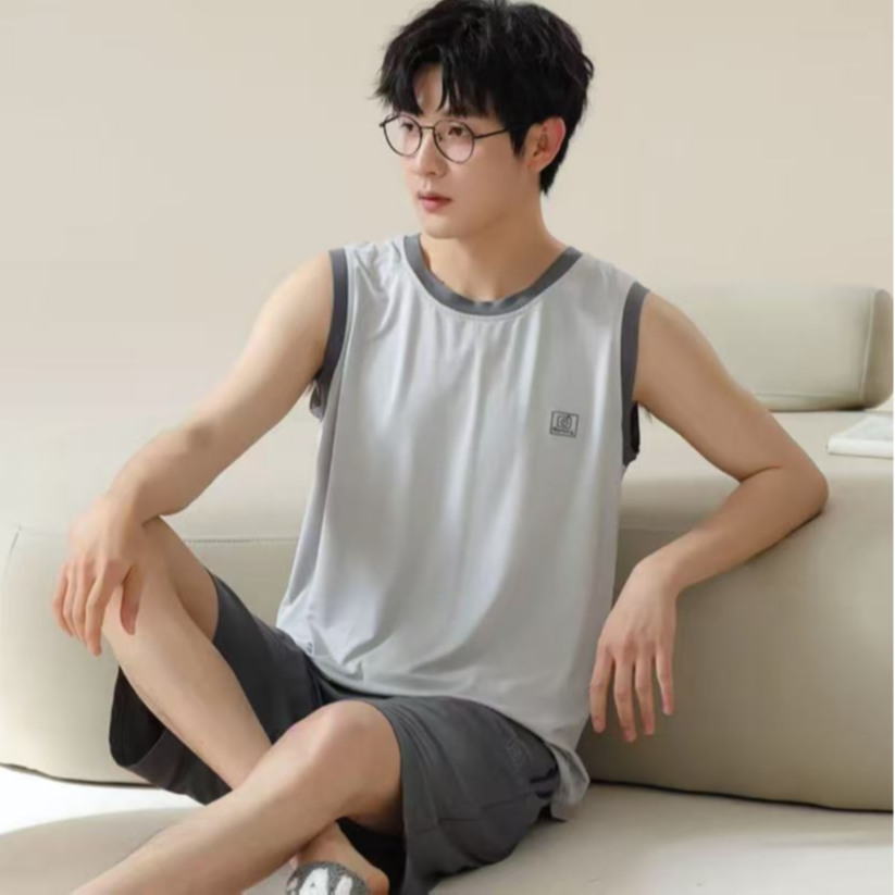夏天莫代尔男士睡衣男款夏季无袖冰丝宽松简约薄款背心短裤套装