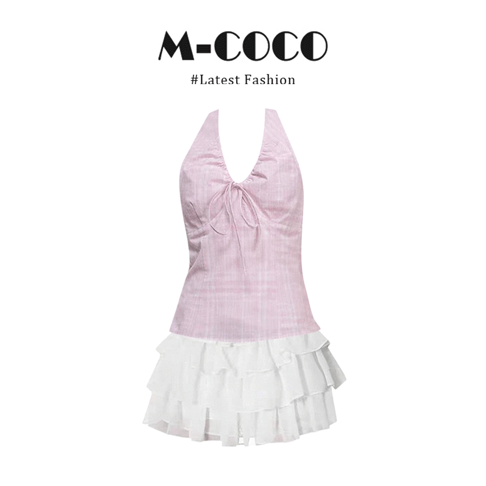 MARIE.COCO纯欲甜美风粉色格纹挂脖吊带背心上衣搭配蓬蓬短裙套装