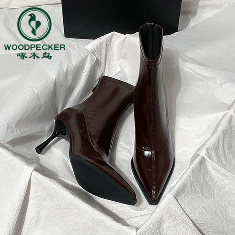 啄木鸟棕色高跟短靴女2025秋冬新款百搭法式小踝靴尖头弹力瘦瘦靴