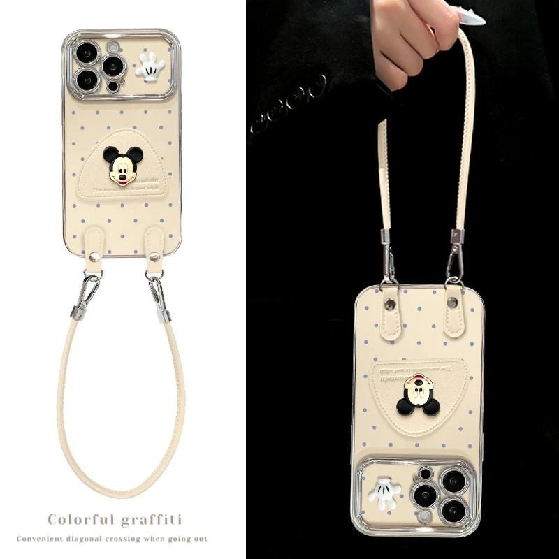 波点立体米奇皮扣挂绳支架适用苹果16promax手机壳15大视窗14新款