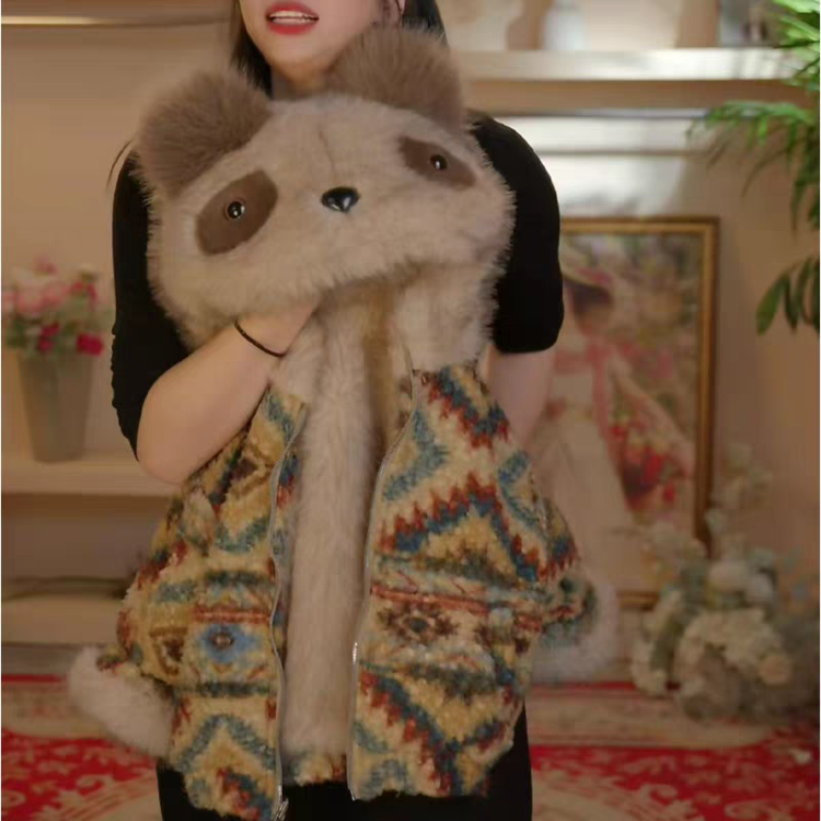 现货【男女同款】儿童彩虹连帽浣熊时尚可爱加绒加厚上衣毛毛衣外套