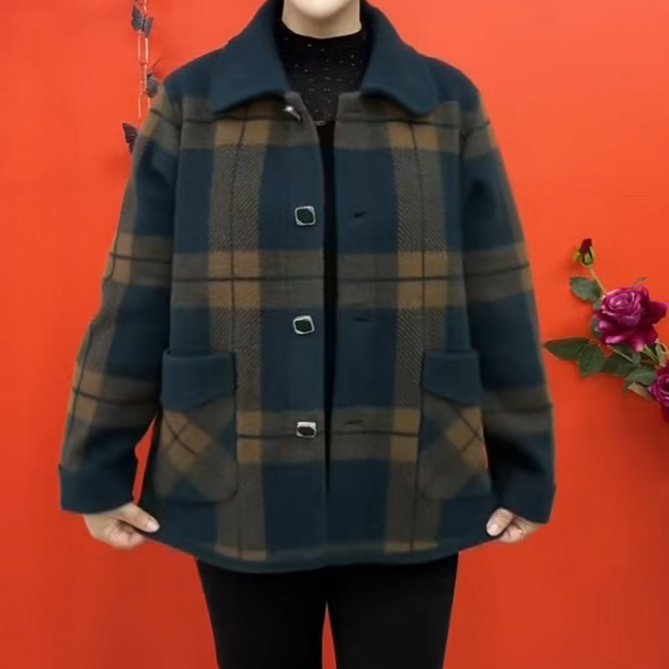 秋冬宽松翻领格子妈妈洋气外套上衣