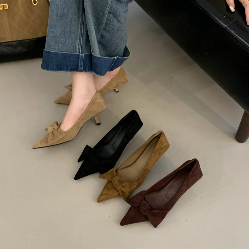 YGLN-3236-37 尖头绒面蝴蝶结复古高跟鞋女时尚百搭细跟通勤单鞋