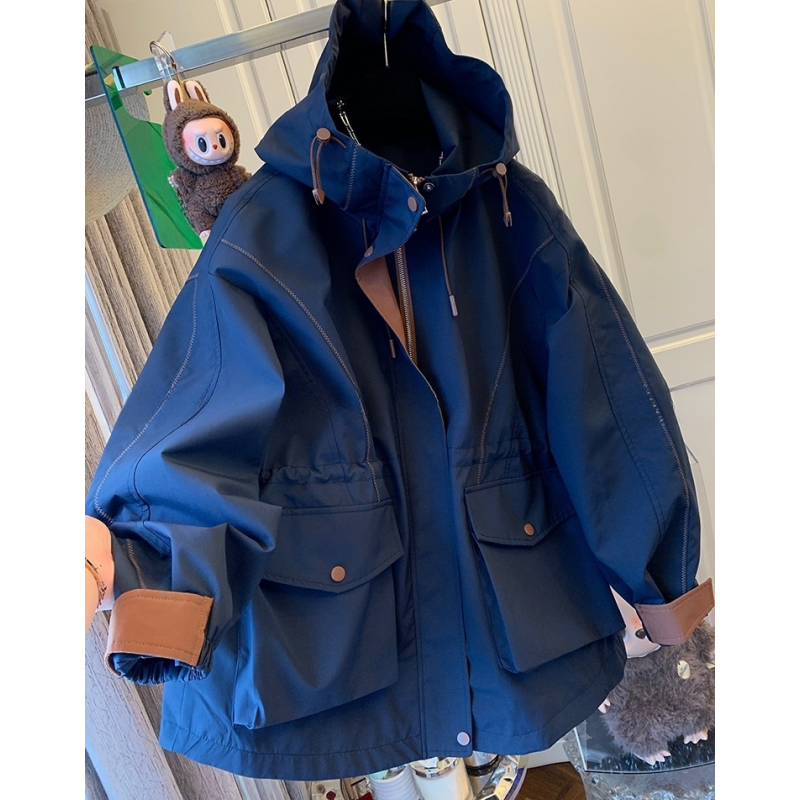 时尚高级感大牌气质撞色连帽风衣外套宽松休闲中长款上衣女秋新款