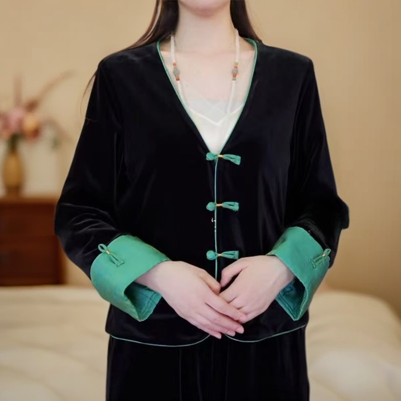 深圳南油重磅浮光锦拼接丝绒V领双面穿短裙外套2025秋季新款正品