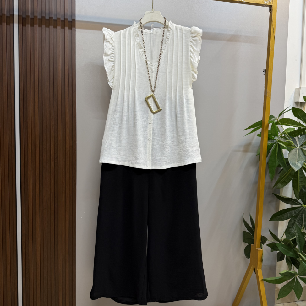新款大码女装时尚洋气V领纯色百搭小衫搭配阔腿裤（可单拍）