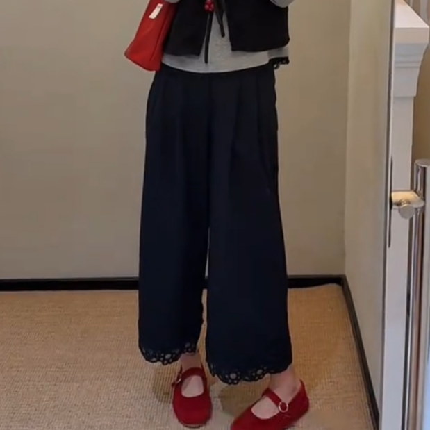时尚设计感小众蕾丝拼接休闲裤女2025秋季新款韩版宽松九分阔腿裤