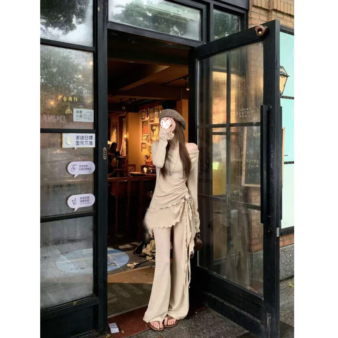 法式温柔风初秋穿搭套装木耳边假两件上衣秋季微喇休闲裤套装D667