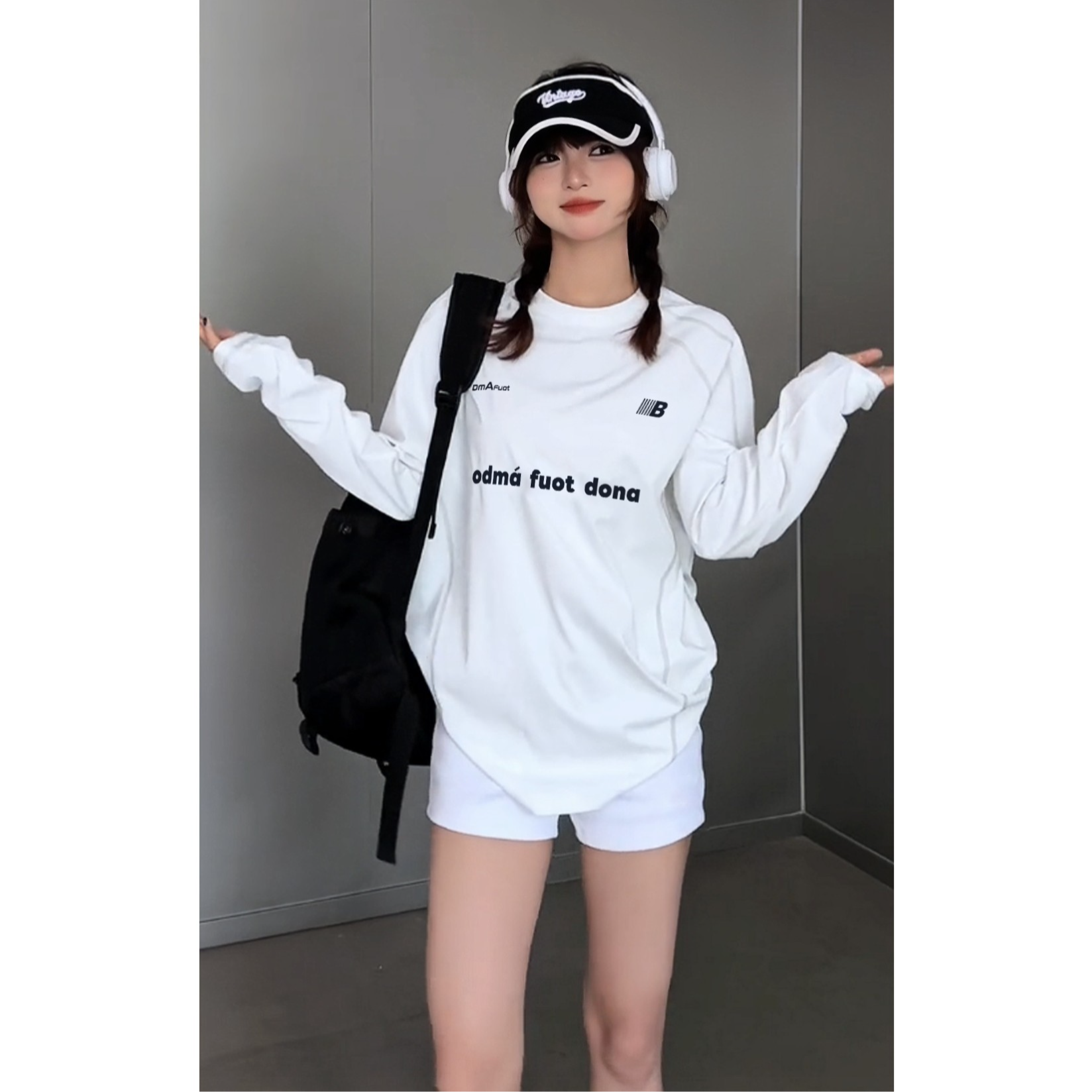 时尚高级感宽松上衣服早秋新款字母印花拼接长袖圆领运动t恤