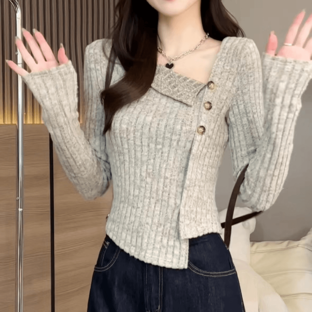纯色纽扣不规则设计感修身显瘦长袖T恤女打底衫上衣
