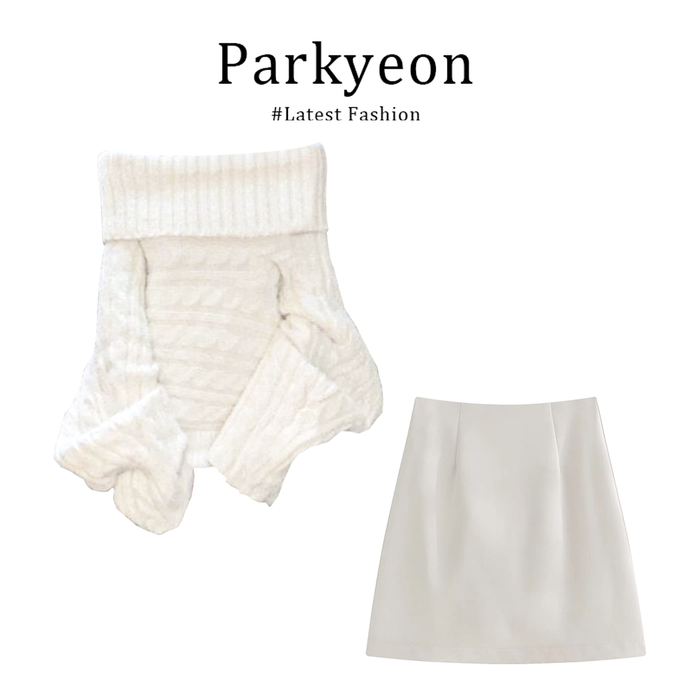 parkyeon一字肩露肩浣熊绒麻花毛衣高级感外穿针织衫百搭短裙套装
