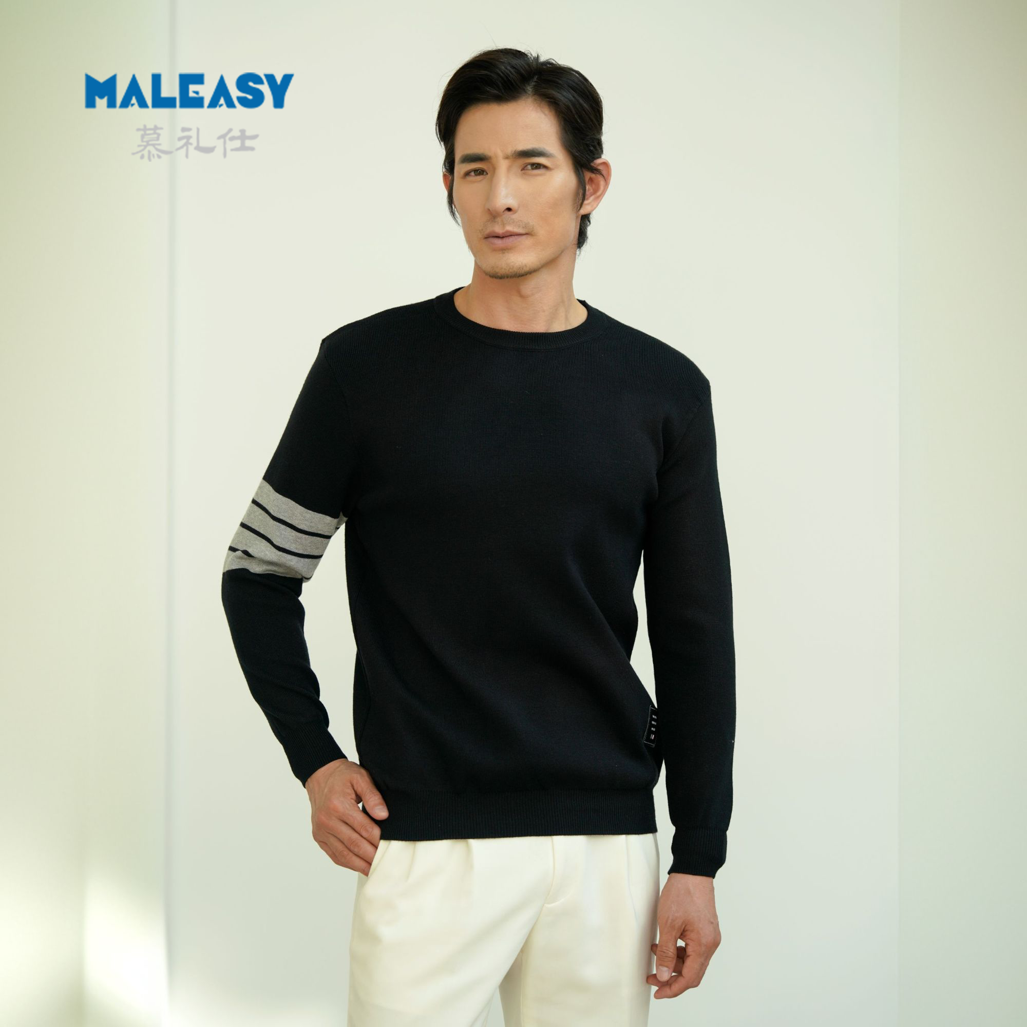 MALEASY/慕礼仕爆款男士针织打底衫秋冬新款时尚休闲条纹保暖毛衣