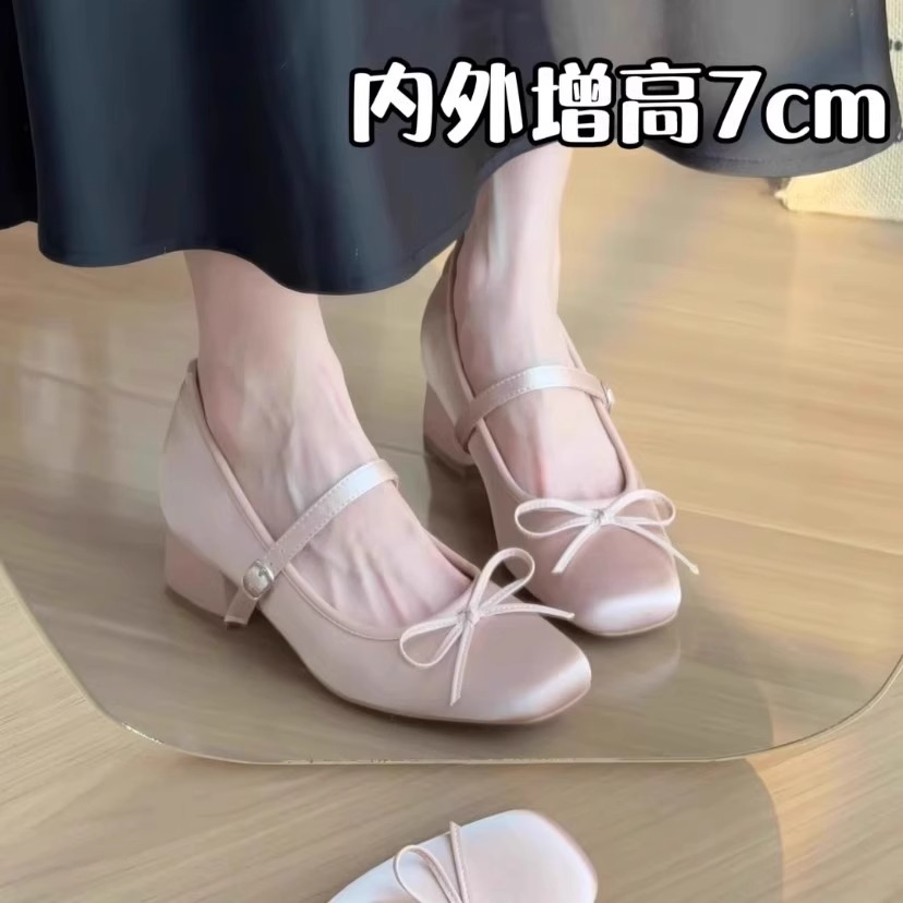 粉色缎面蝴蝶结高跟鞋玛丽珍鞋女粗跟软底百搭方头皮鞋芭蕾单鞋女