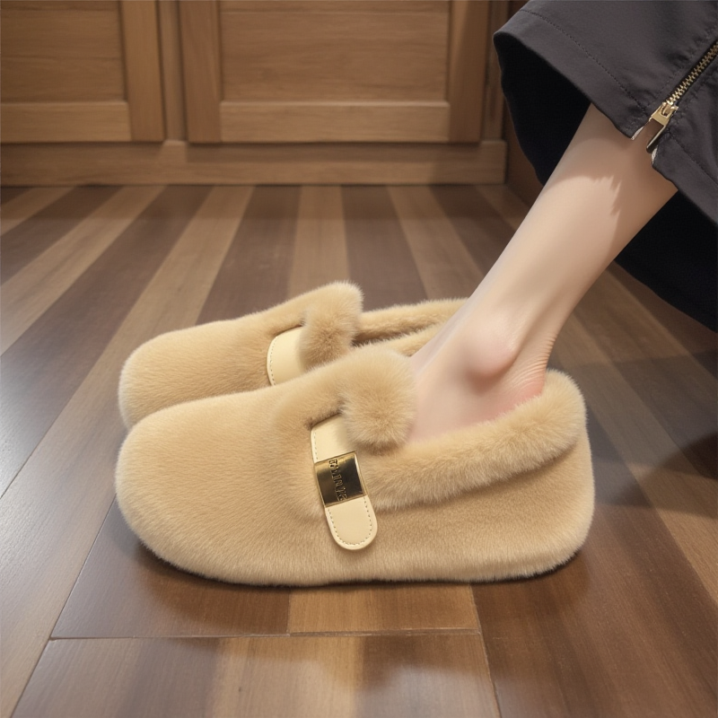 【水貂绒】毛毛鞋女冬季外穿一脚蹬豆豆鞋加绒高级感孕妇软底棉鞋