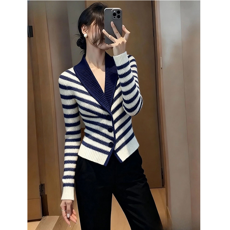 秋季高级感超好看软糯慵懒风毛衣减龄独特别致蓝色条纹针织开衫女