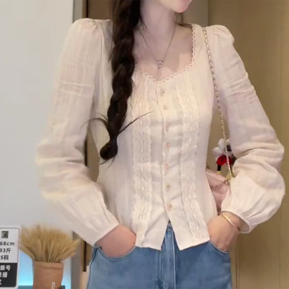 韩国小众设计早秋法式方领蕾丝显瘦长袖衬衫上衣C6258