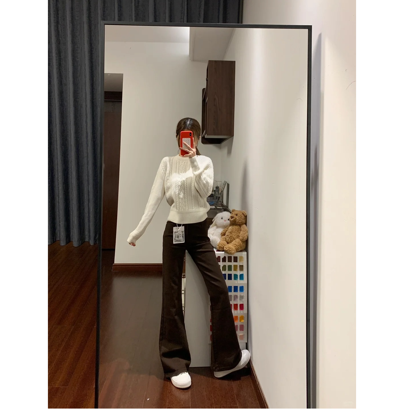 2025加绒甜酷风咖啡色微喇叭裤双扣显瘦弹力牛仔裤高腰女长裤加长