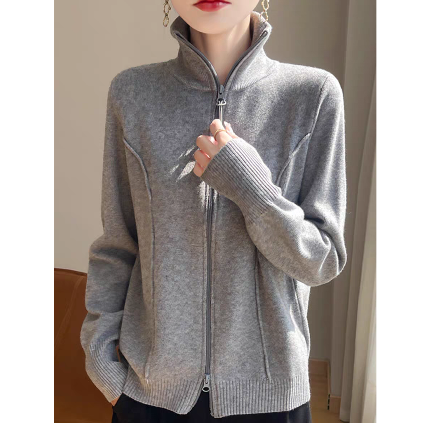 欧货双拉链立领针织开衫女翻领毛衣打底春秋冬叠穿卫衣宽松短上衣