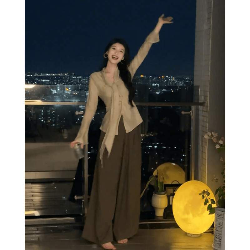 2025秋季新款女法式气质设计感长袖飘带上衣百搭高腰显瘦阔腿长裤