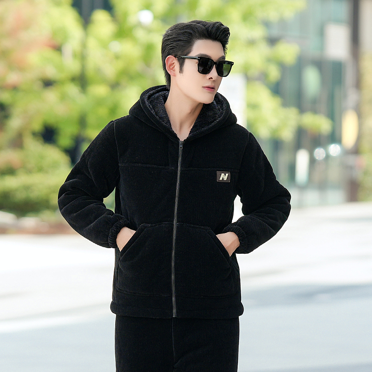 冬季新款男士三层夹棉加绒加厚保暖套装男士男士高颜值可外出睡衣