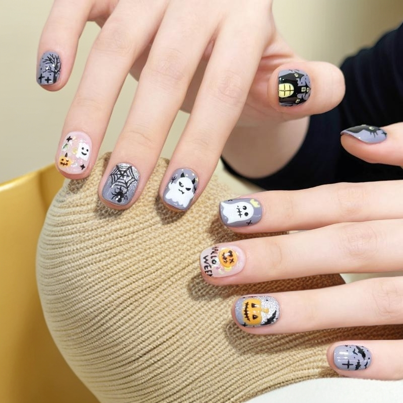 纯手工甲【万圣物语】怪奇物语派对南瓜蜘蛛手绘假美甲手工穿戴甲