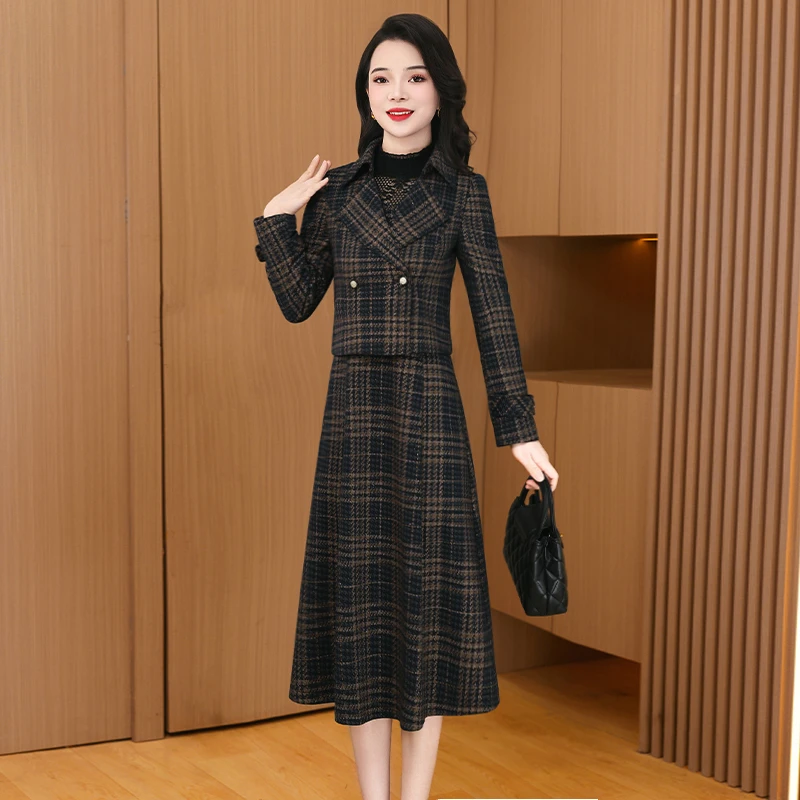 【拉夏】品牌小香风格子连衣裙女2025早秋新款时尚洋气气质两件套装