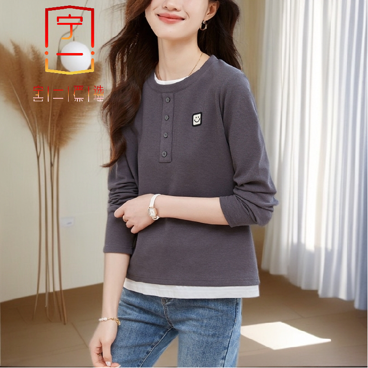 【宁一女装】时尚洋气显瘦春秋新款假两件撞色拼接圆领长袖T恤休闲