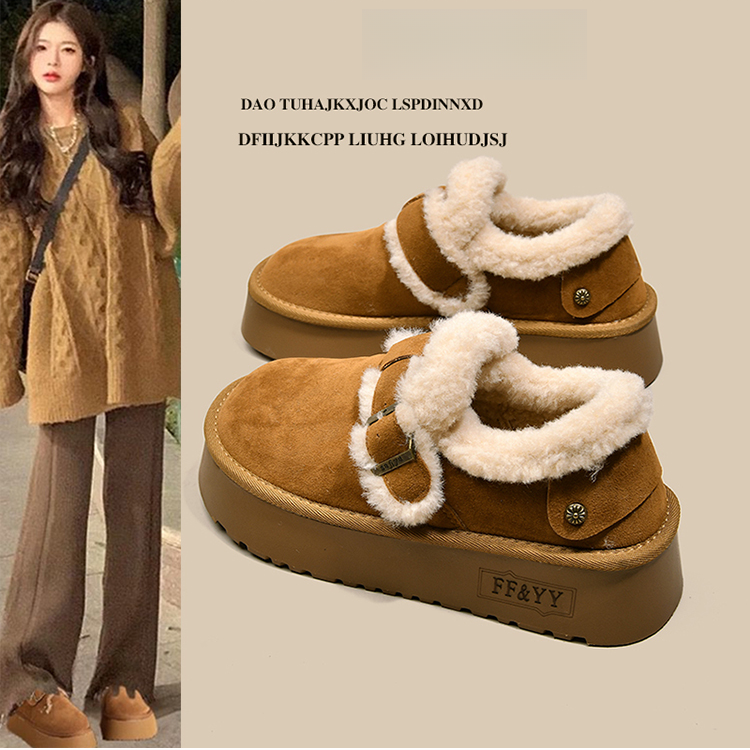 厚底雪地靴女加绒勃肯鞋2025新款冬季乐福鞋一脚蹬面包棉鞋毛毛鞋