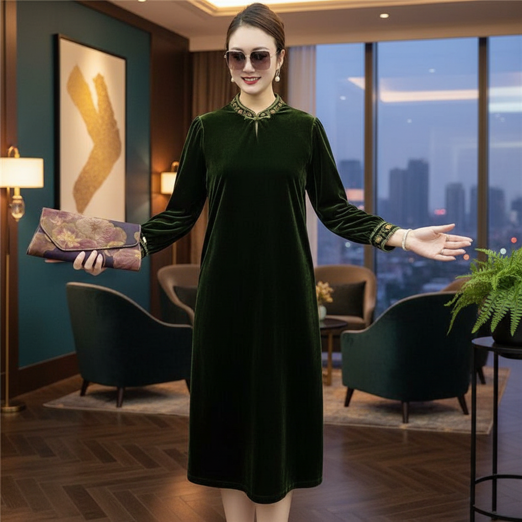 8693年货改良]花边盘扣旗袍裙刺绣简约丝绒长袖改良旗袍复古新款