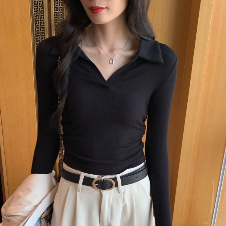 polo领长袖打底衫女内搭2025春秋螺纹针织修身褶皱别致显瘦上衣