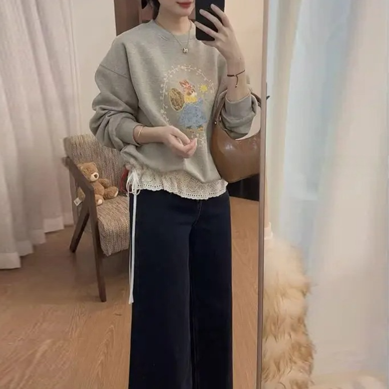 2025秋季新款韩系小兔涂鸦落肩卫衣假两件高级感百搭女士上衣