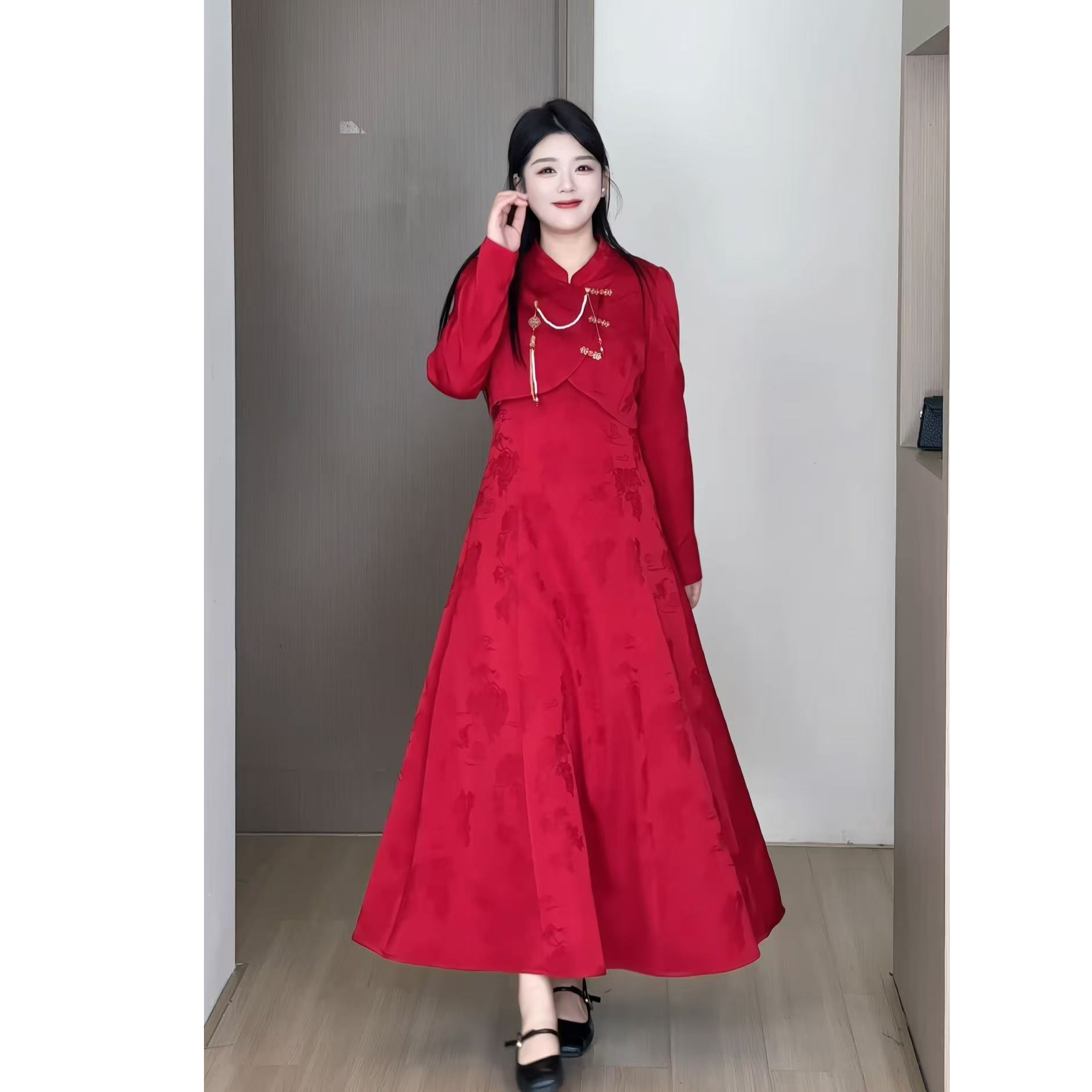 【红韵锦绣】秋季大码胖MM新中式订婚敬酒服套装旗袍连衣裙DM33198