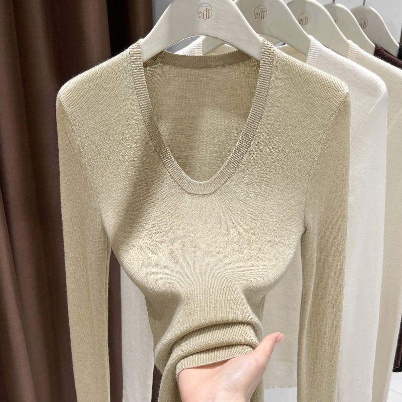 基础款针织毛衣t恤女新款辣妹穿搭低u领长袖打底衫百搭修身上衣秋