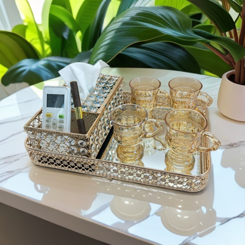 简约金属镜面大号收纳金色托盘适用于客厅餐桌卧室化妆品装饰果盘