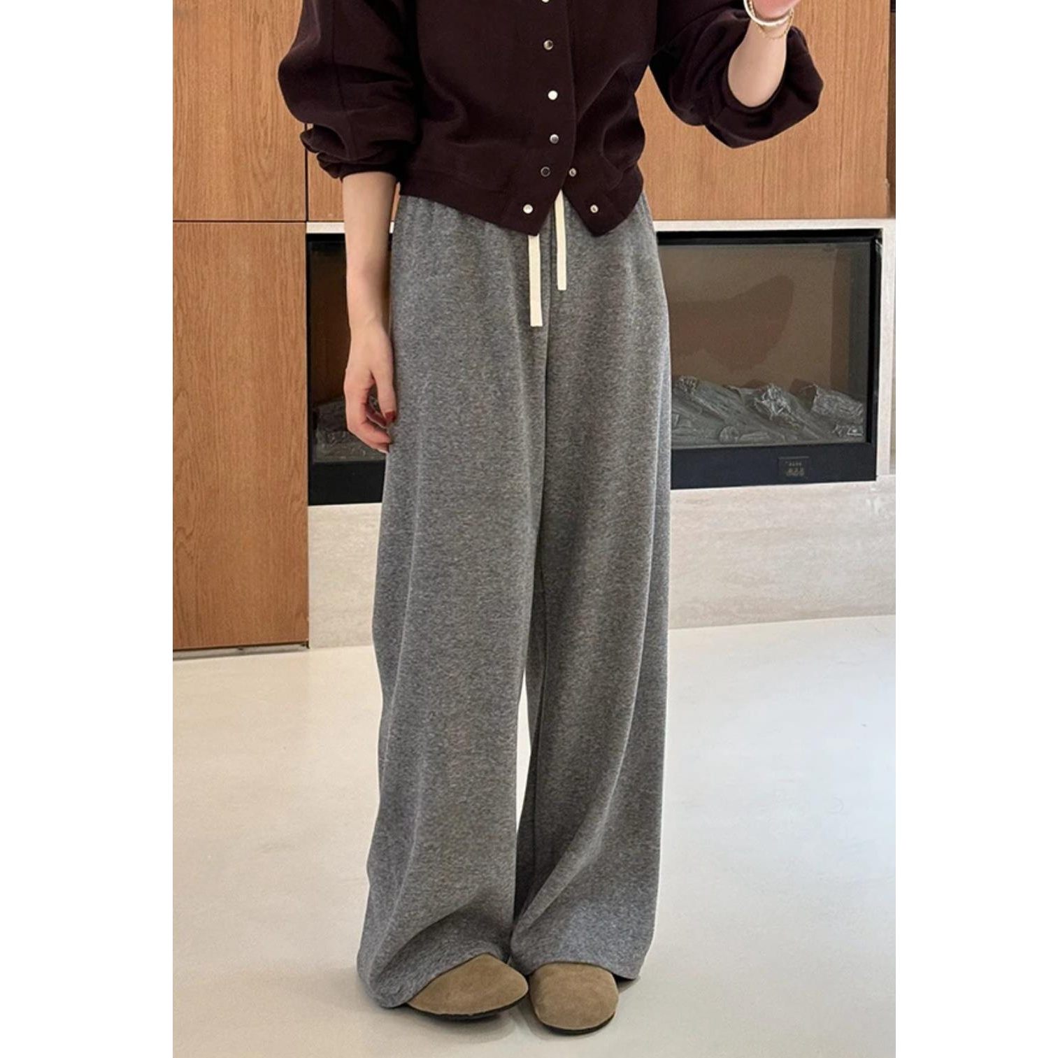 高级感灰色直筒阔腿裤女拖地裤秋冬季加绒宽松毛巾裤休闲垂感长裤
