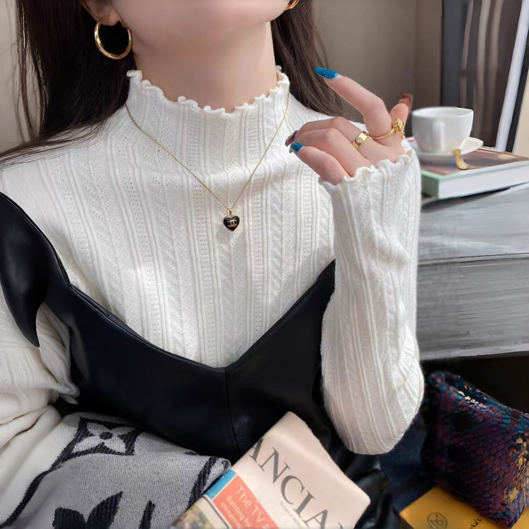 常规袖针织女长袖欧美风麦穗提花木耳边打底毛针织衫毛衣网红显瘦