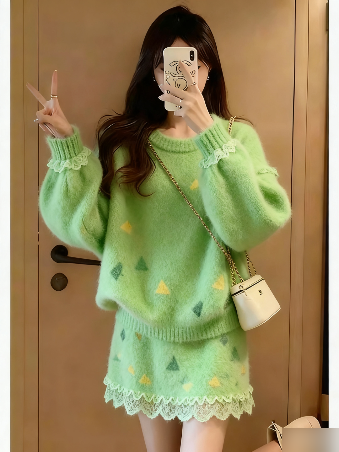 软奶甜美风绿色针织套装女秋冬慵懒风蕾丝花边两件套大码套装圆领