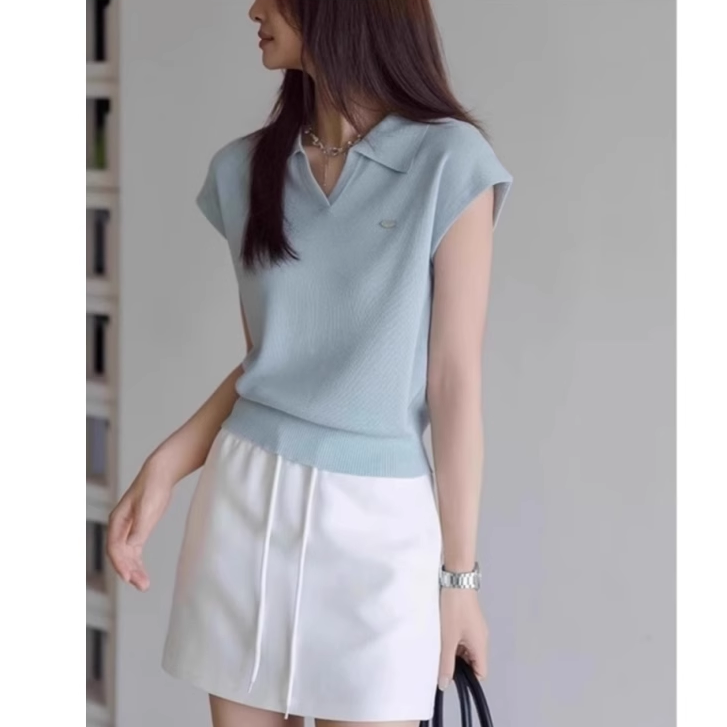 蓝色短款翻领v领上衣正肩polo衫女冰丝针织短袖t恤夏季小飞袖显瘦