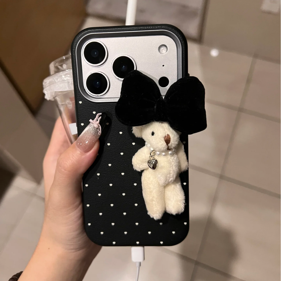 韩系辣妹波点毛绒兔子适用iPhone17promax苹果16promax手机壳1514