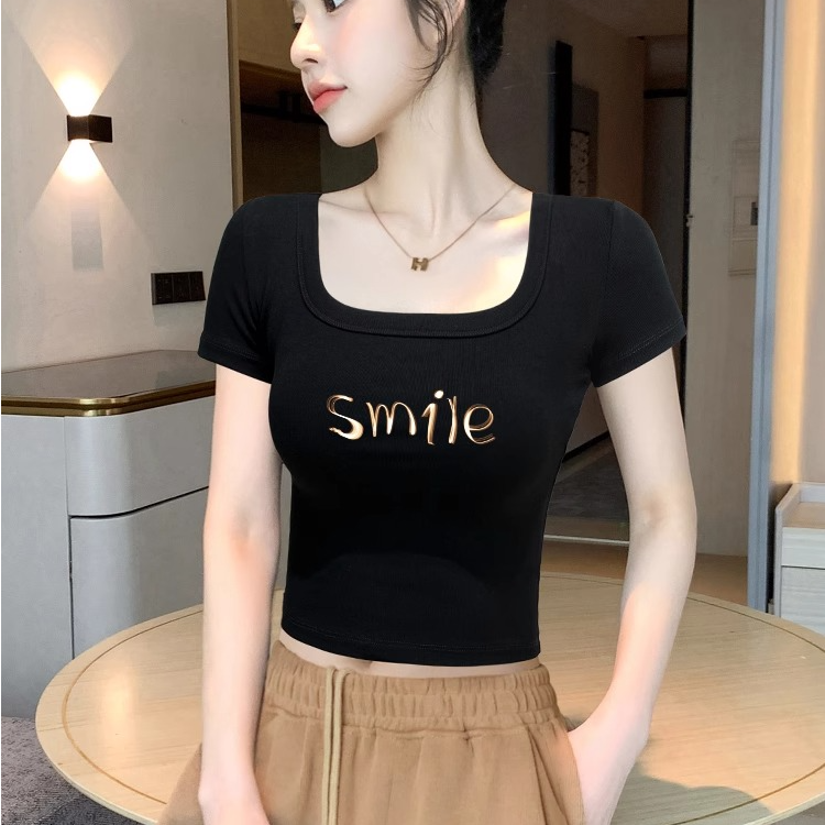 黑色方领短袖t恤女夏2025新款修身露脐体恤小众气质高腰短款上衣