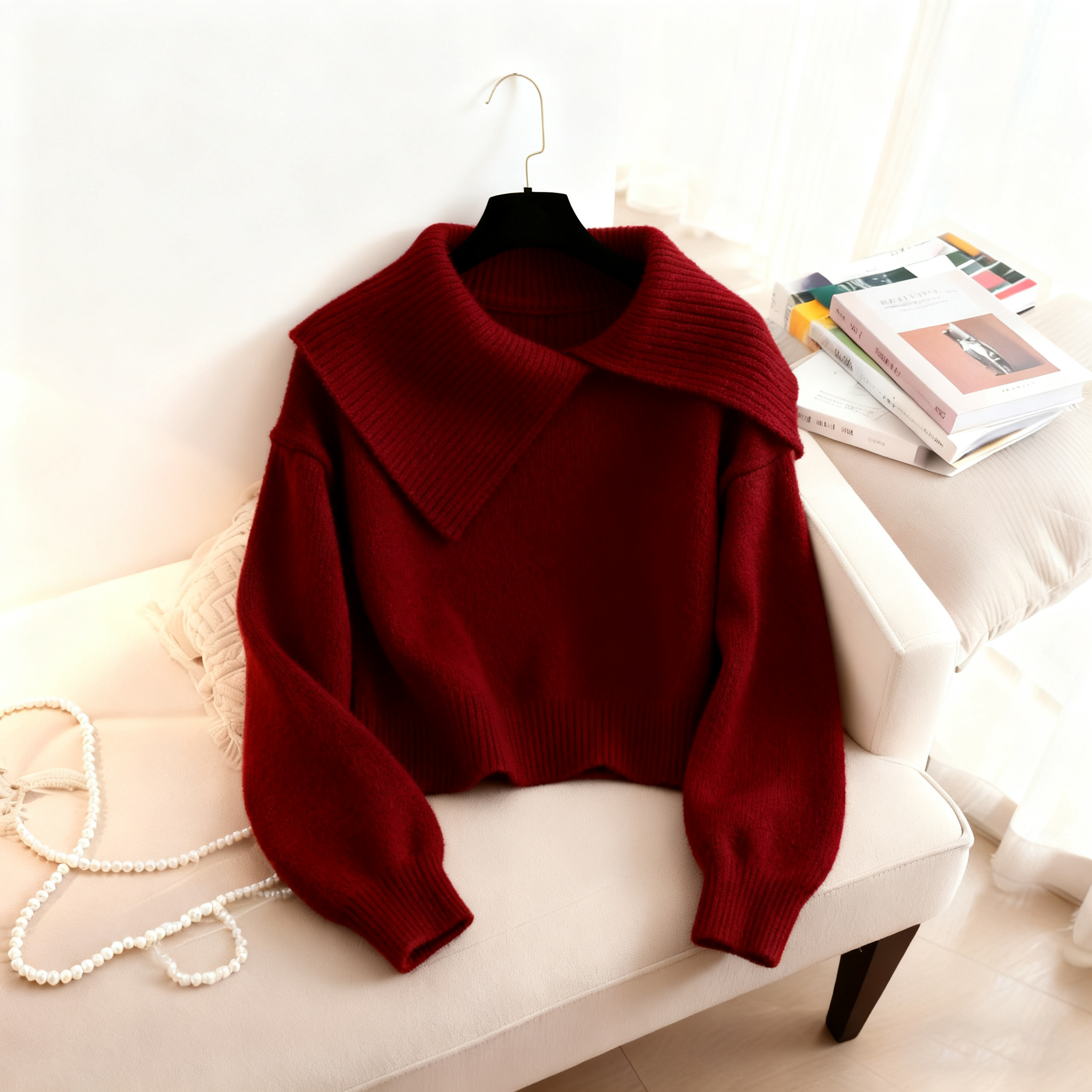 今年秋冬季时髦气质针织小衫显瘦减龄宽松通勤长袖不规则领针织衫