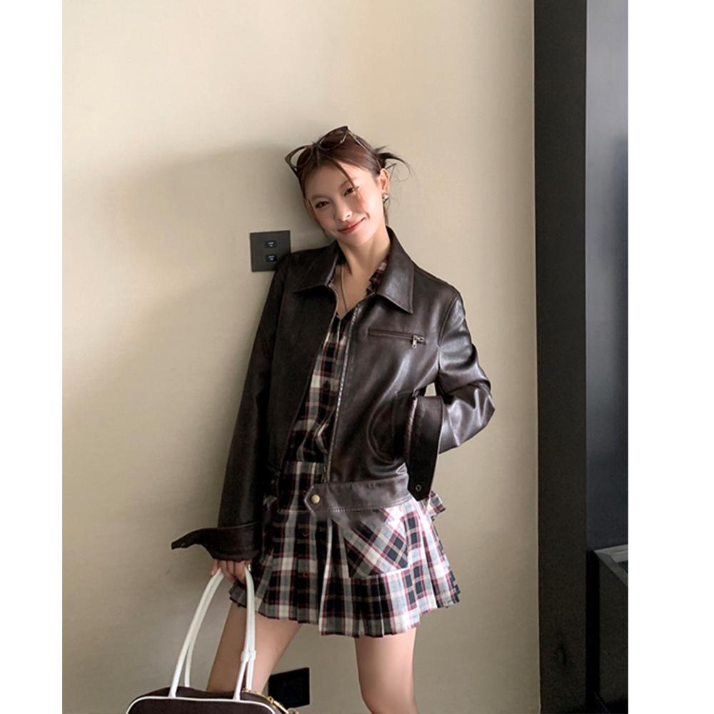 美式酷飒风咖色翻领短款皮衣外套女秋季复古修身PU机车夹克上衣潮