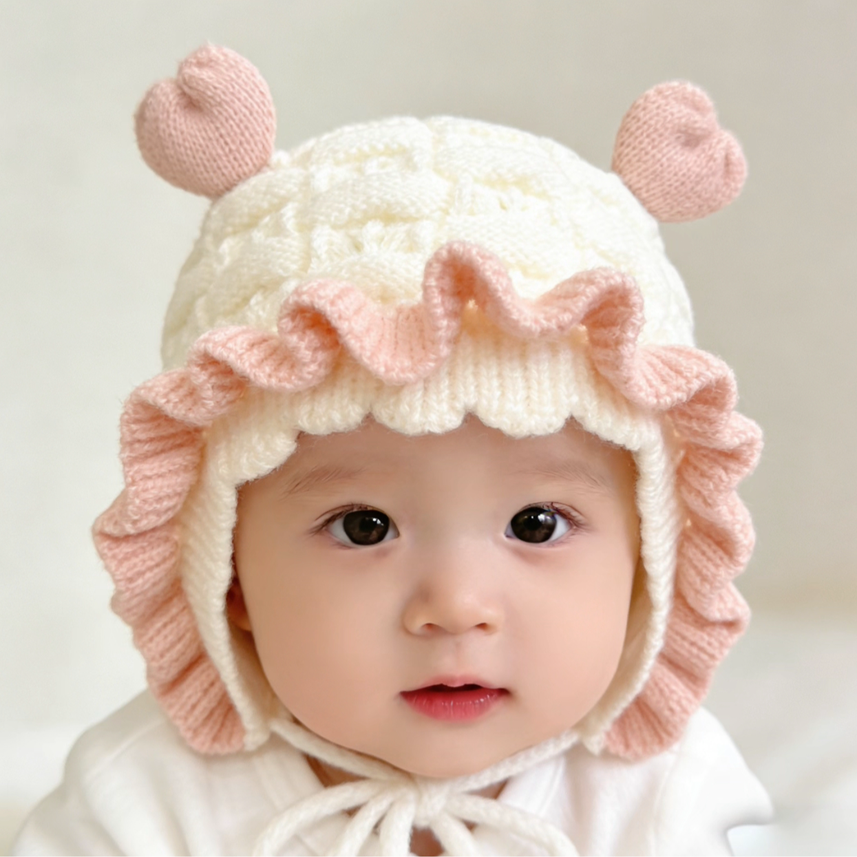 【公主暖星】婴儿帽秋冬花边爱心男女童毛线护耳保暖防风宝宝套头帽