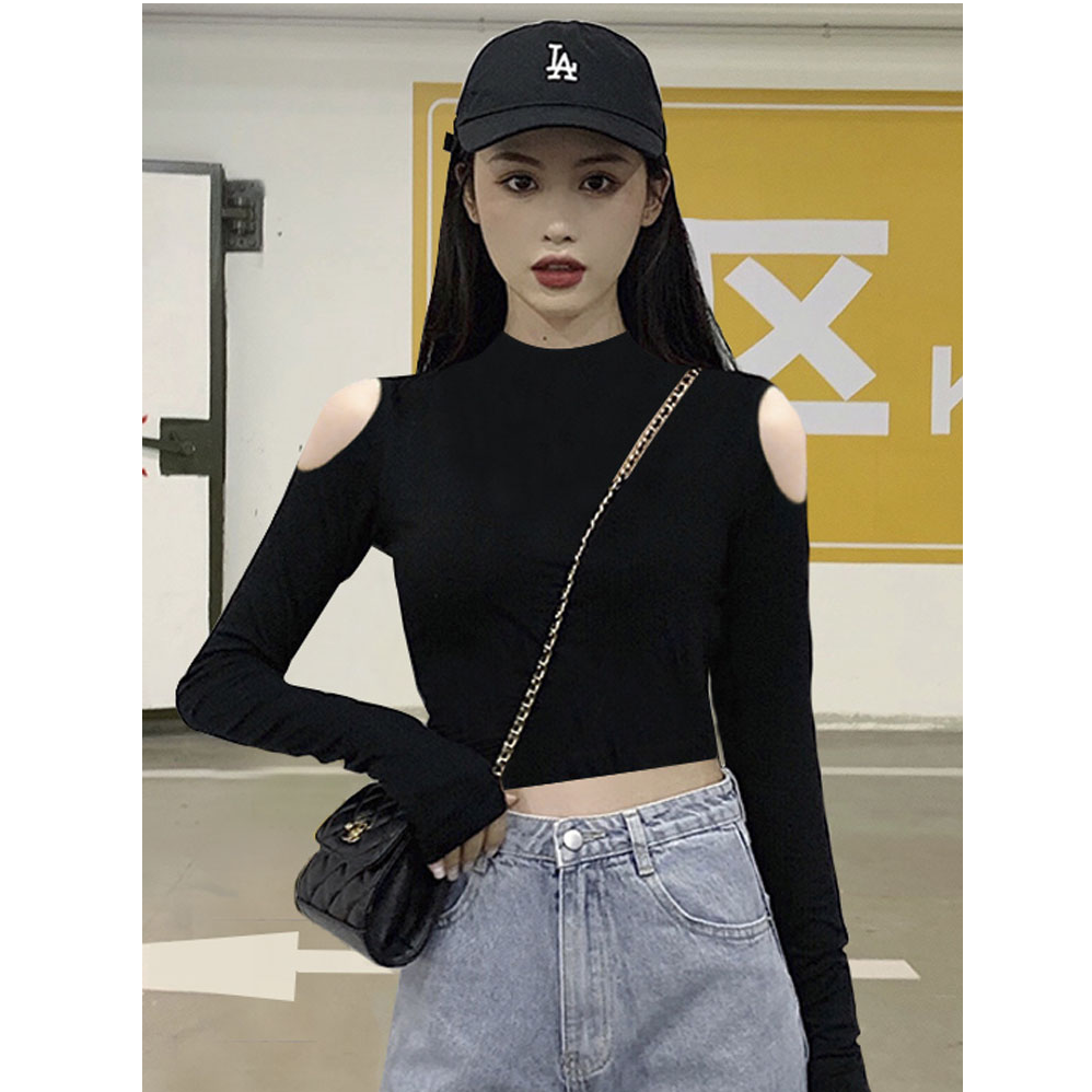 黑色紧身高腰短款上衣女长袖早秋季洋气内搭露肩漏肚脐心机打底衫