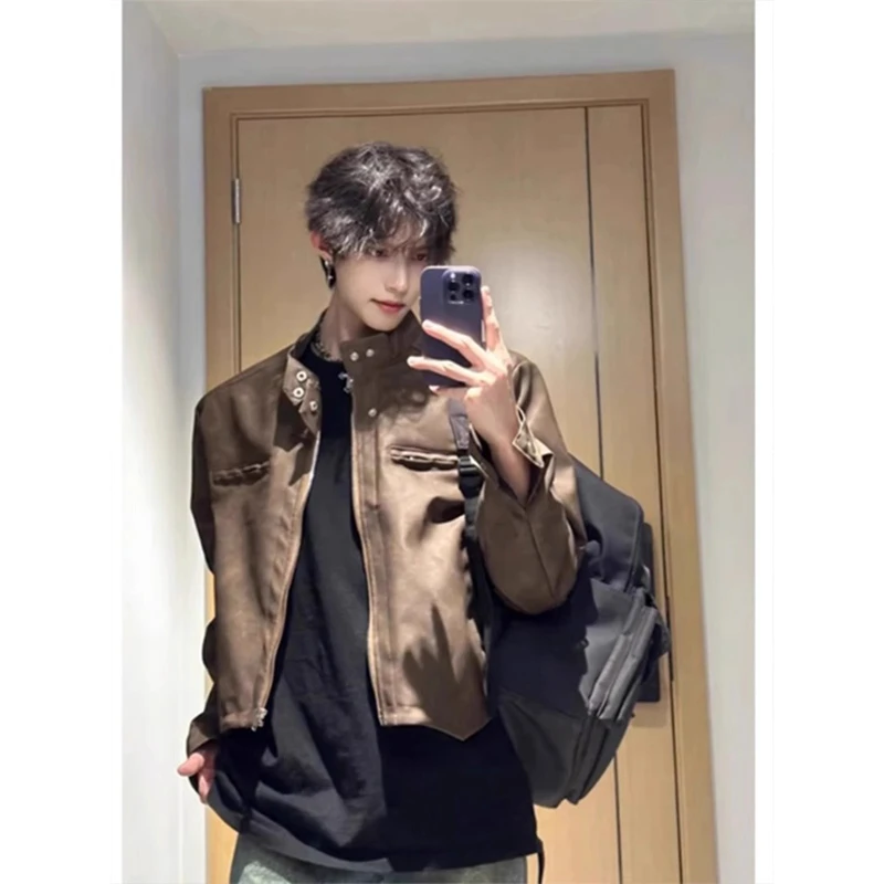 美拉德穿搭男生外套潮牌痞帅炸街棕色皮衣短款立领vintage棒球服