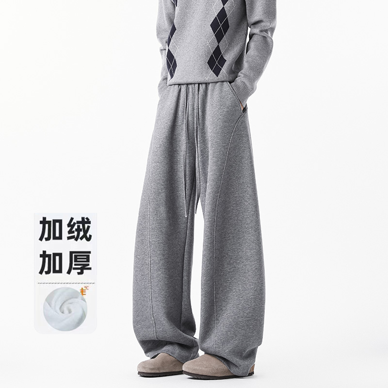 YTC弯刀卫裤宽松加厚加绒灰色秋冬秋季阔腿外穿休闲裤男士裤子