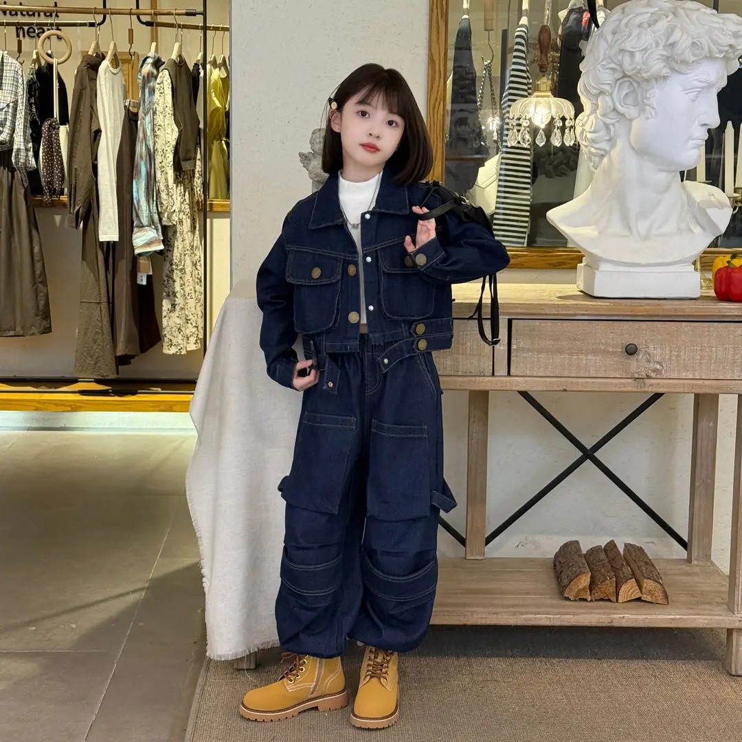 2025春秋女童设计款工装牛仔套装气质新款休闲宽松两件束脚哈伦裤