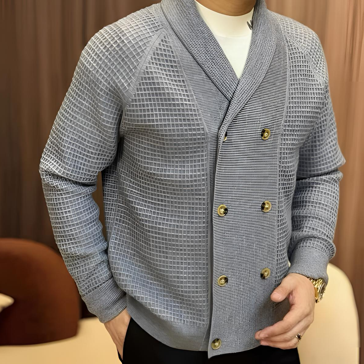 外套男秋季新款青果领针织外套时尚双排扣开衫男百搭舒适毛衣男款
