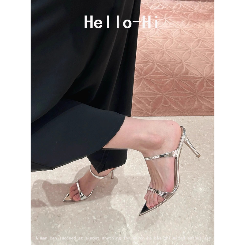 羊皮版~2025新款法式一字带显白高跟银色凉鞋高跟鞋仙女风凉半拖