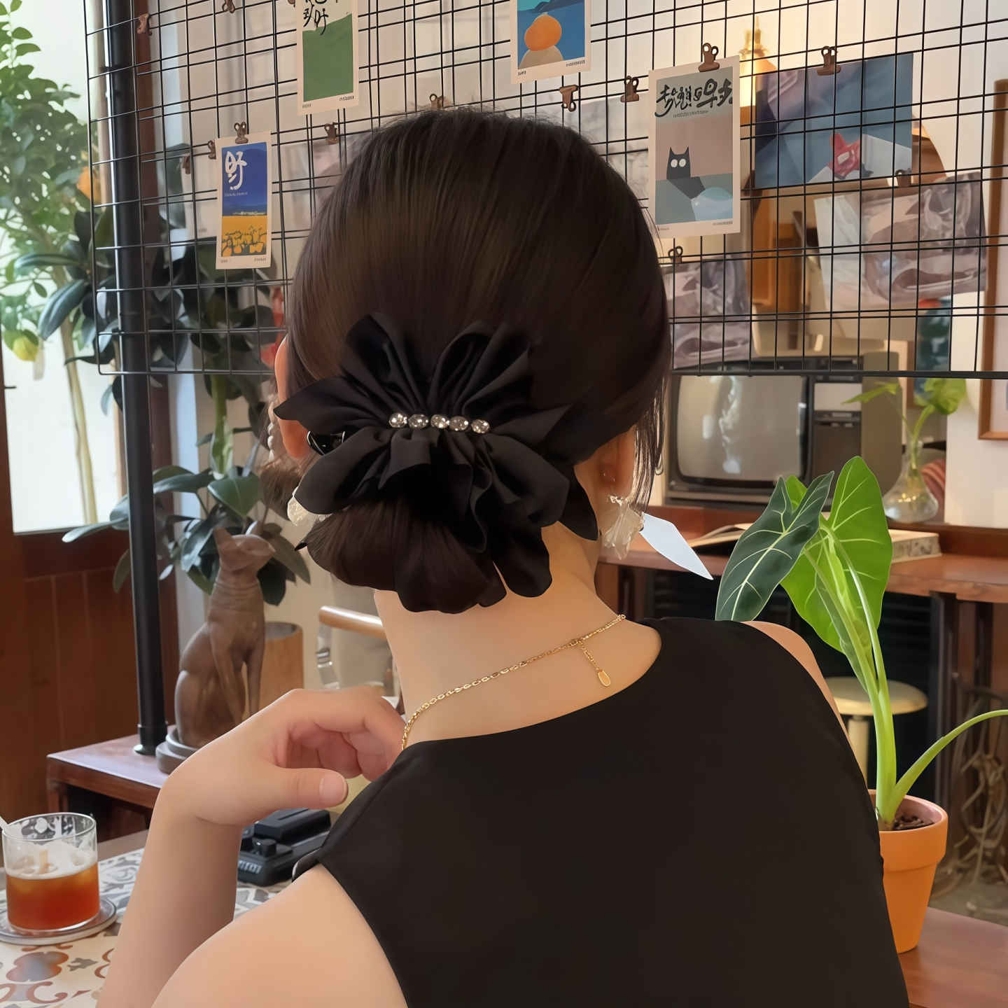 黑色缎面轻奢蝴蝶结抓夹女香蕉夹发饰丸子头发夹安全替代品竖夹女